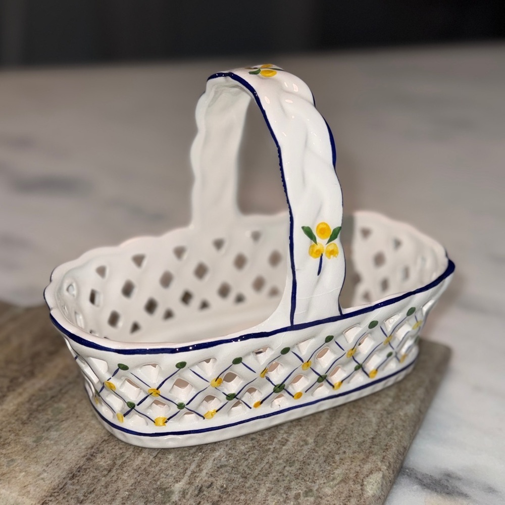 Ceramic Lattice Basket Made in Portugal Multi Colored Floral Design Collectible